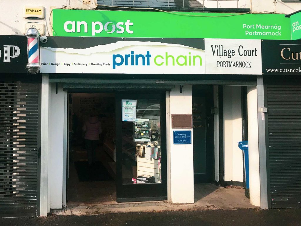 Printchain Portmarnock shop front, providing printing, copying, business services and stationery in north Dublin.